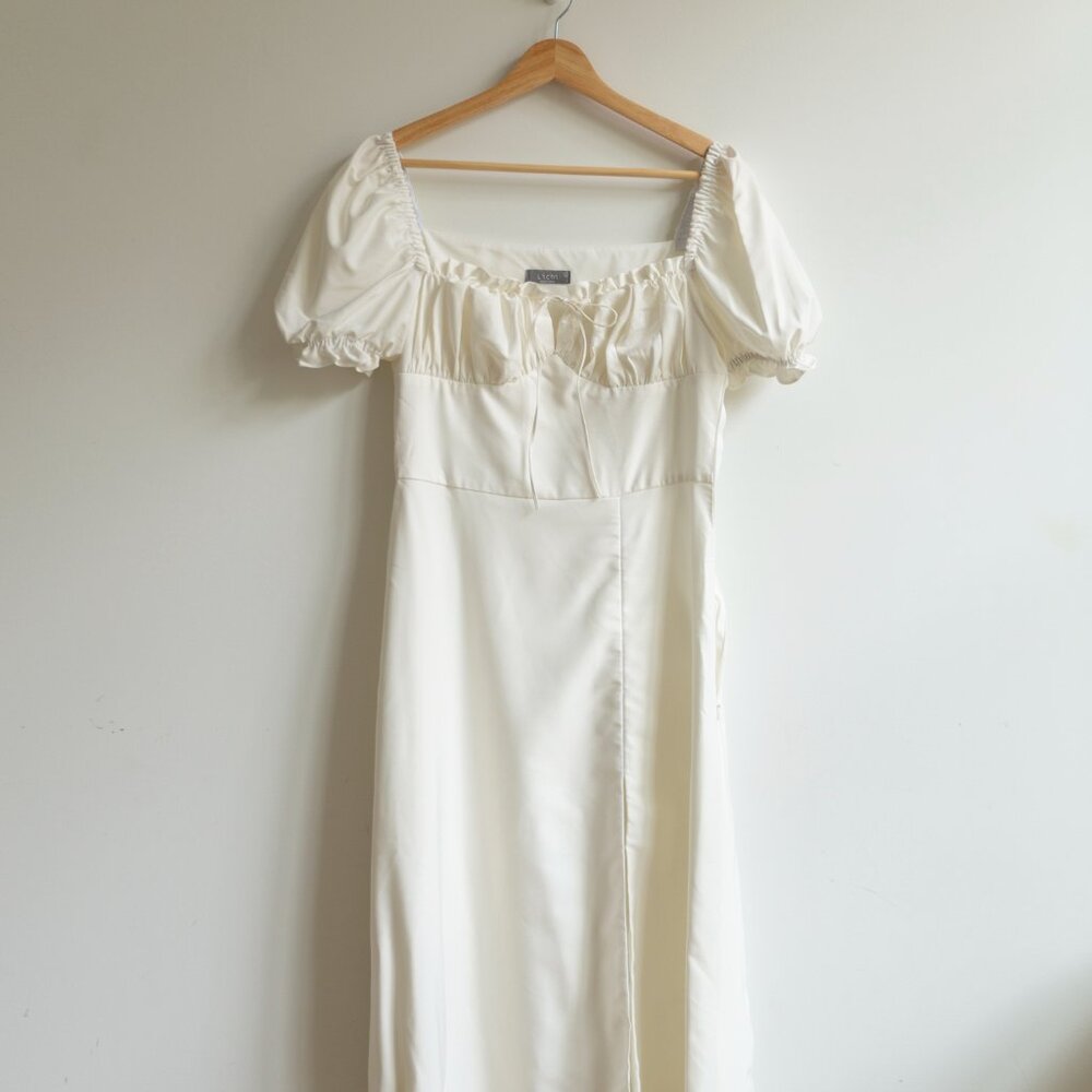 LICHI White Gathered Drawstring-Neck Midi Dress